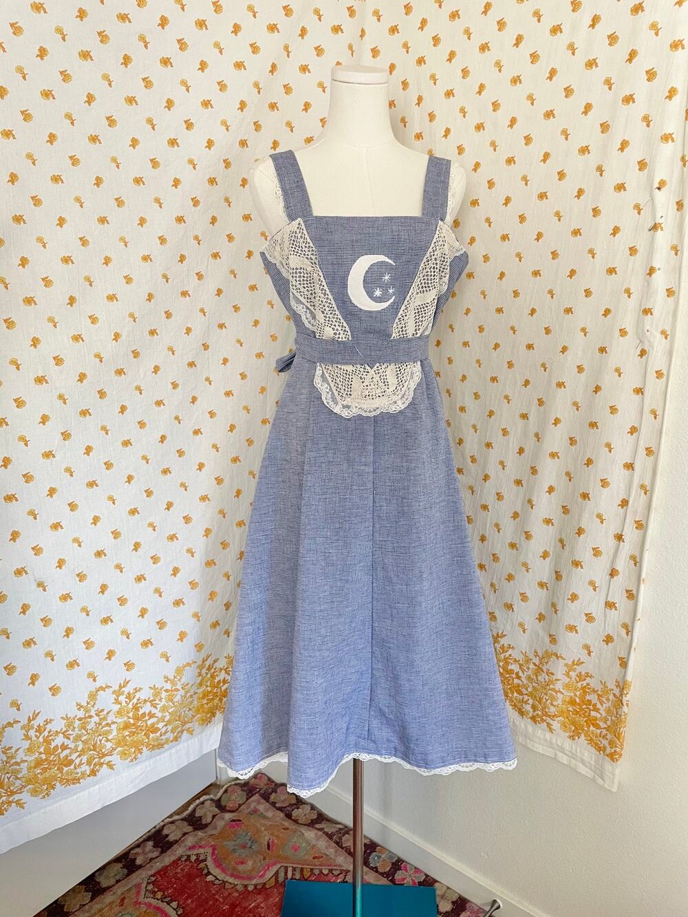 Upcycled Vintage Celestial Moon Dress Blue Gingham Lace Prairie Midi OOAK